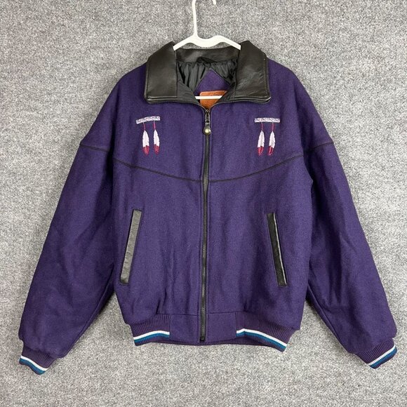 Midwest Garment Co. Other - Vintage Aztec Feather Embroidered Midwest Garment Co. Leather Collar Wool Jacket